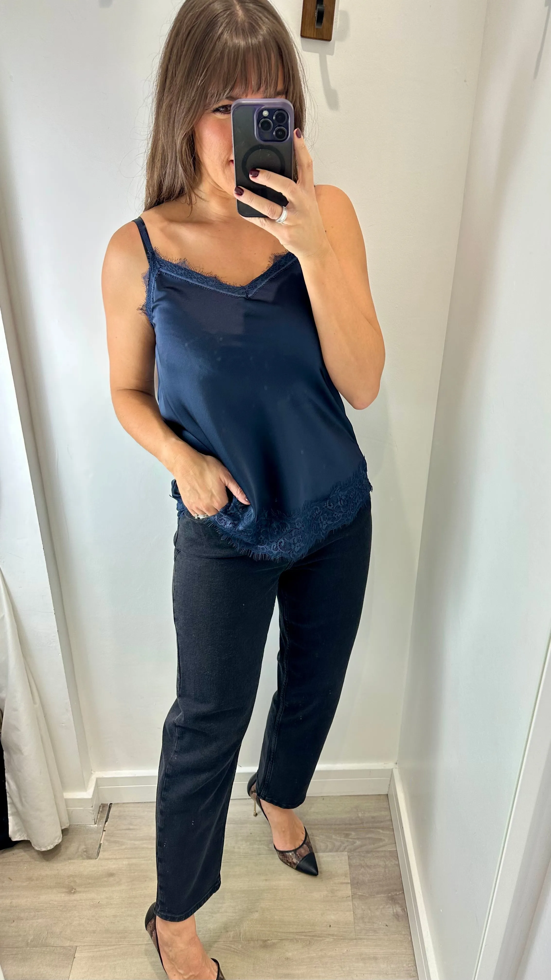 MIDNIGHT BLUE LACE DETAIL SILK CAMI TOP
