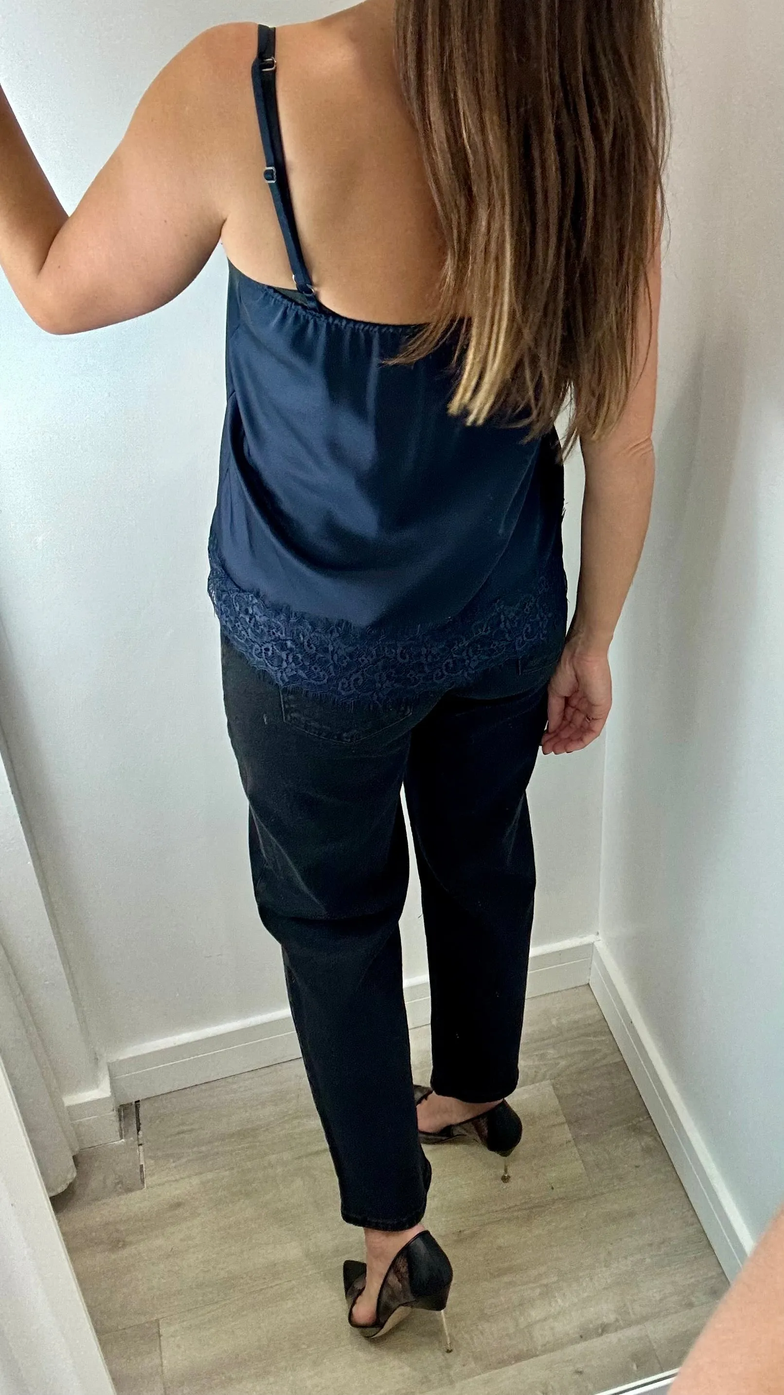 MIDNIGHT BLUE LACE DETAIL SILK CAMI TOP
