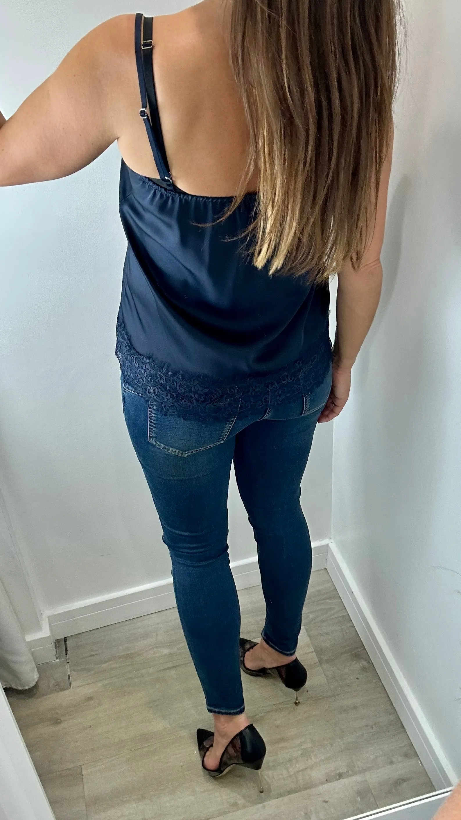MIDNIGHT BLUE LACE DETAIL SILK CAMI TOP