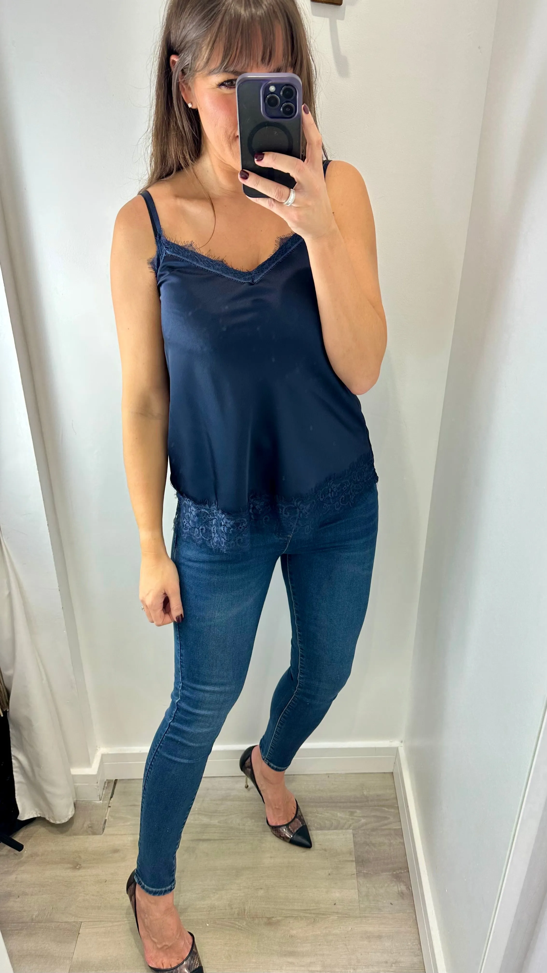 MIDNIGHT BLUE LACE DETAIL SILK CAMI TOP
