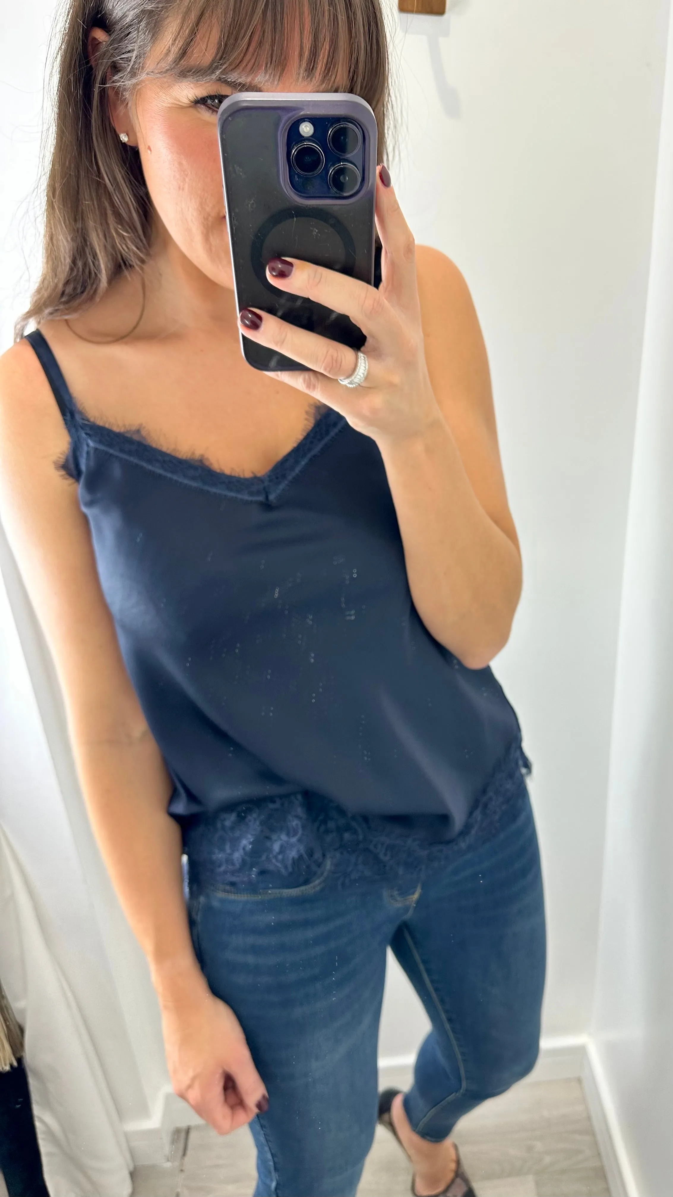 MIDNIGHT BLUE LACE DETAIL SILK CAMI TOP