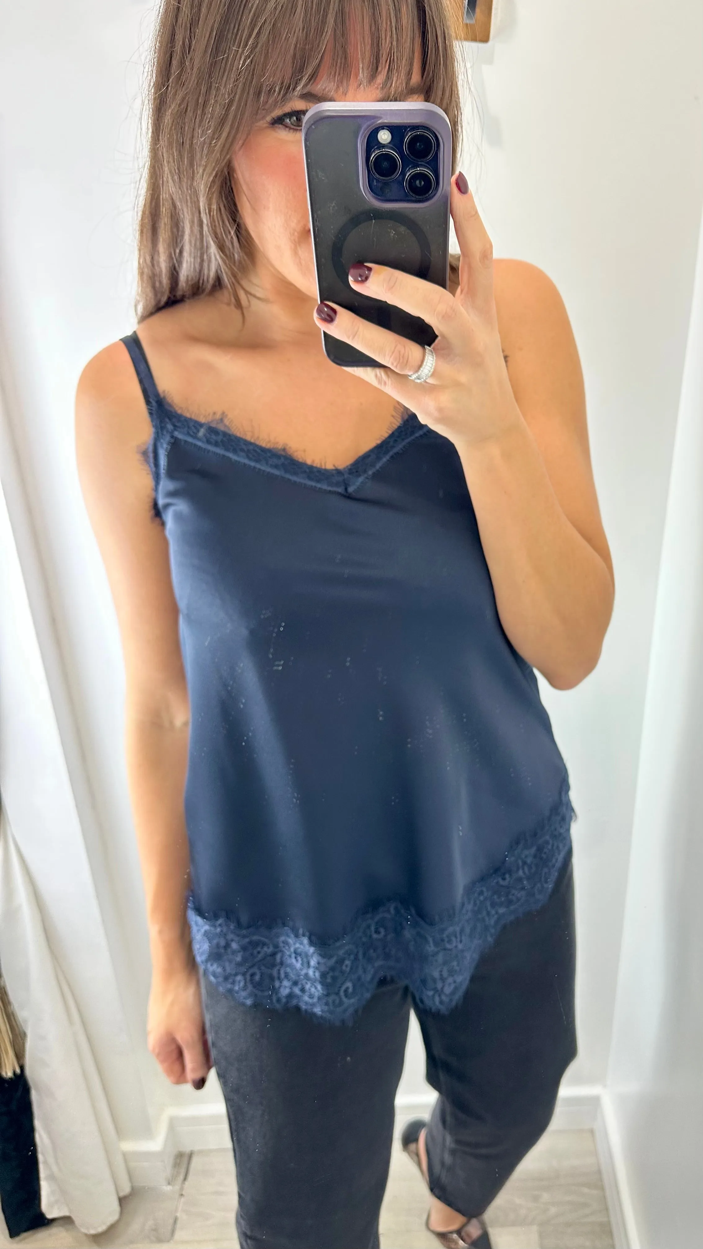 MIDNIGHT BLUE LACE DETAIL SILK CAMI TOP