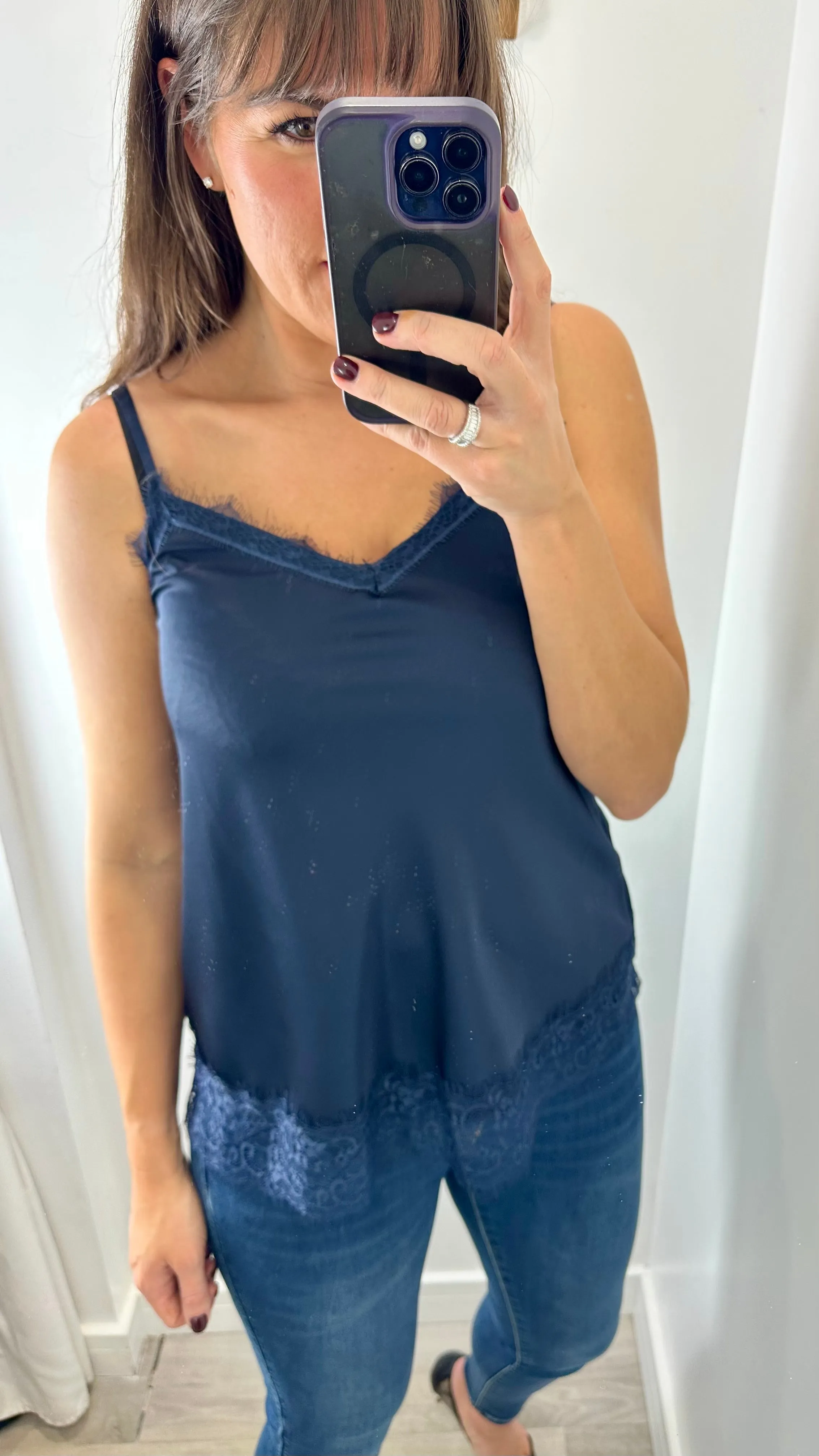 MIDNIGHT BLUE LACE DETAIL SILK CAMI TOP
