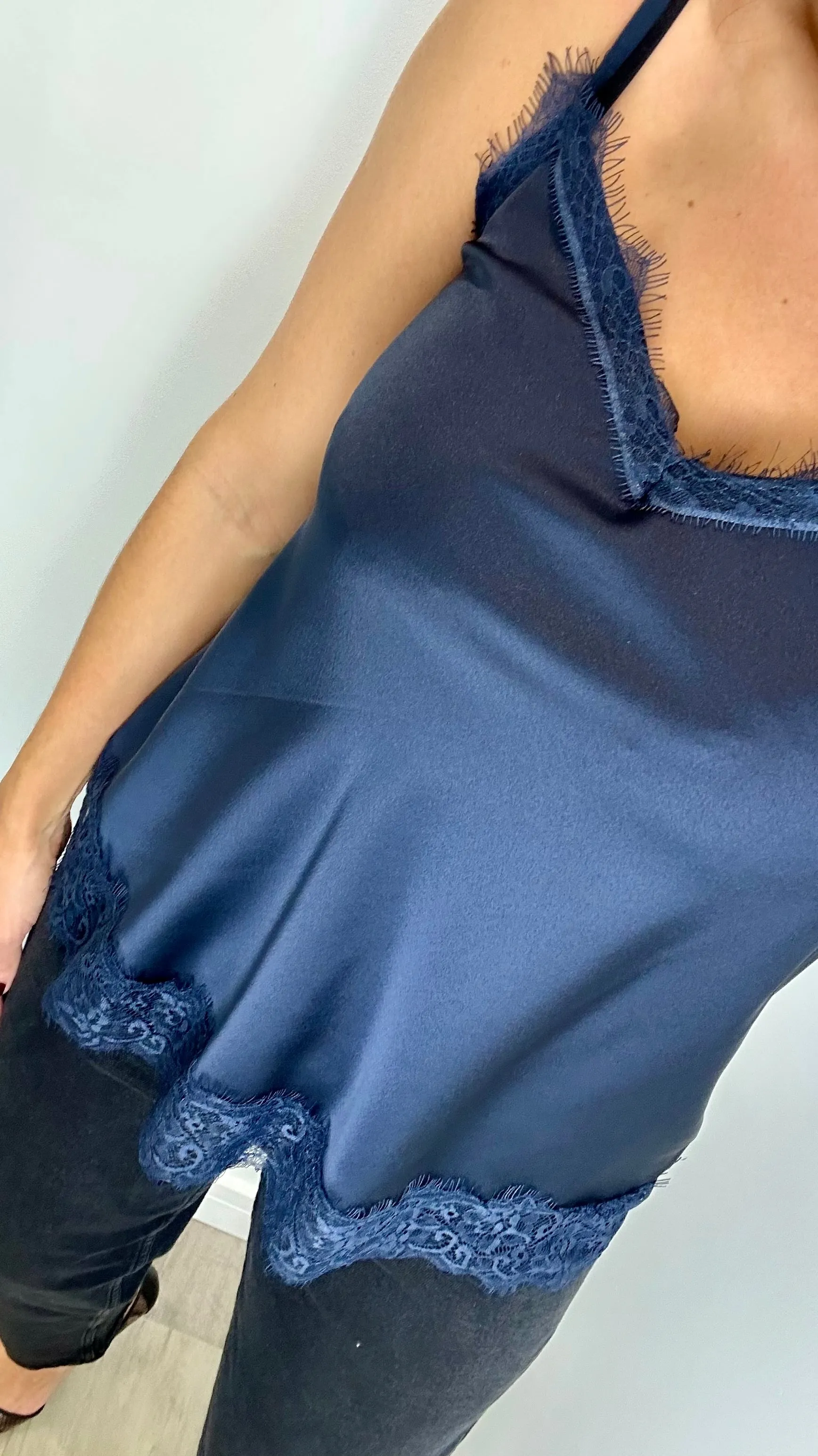 MIDNIGHT BLUE LACE DETAIL SILK CAMI TOP