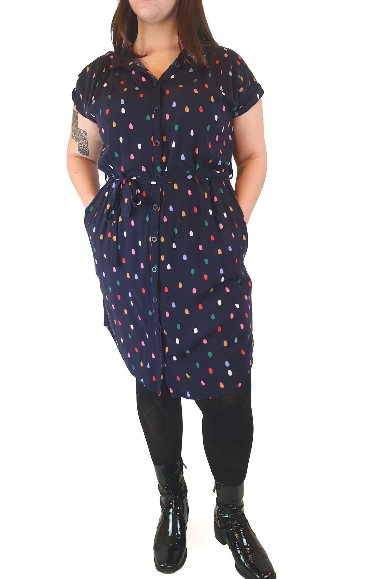 Miranda Murphy navy shirt dress with colourful print size XL