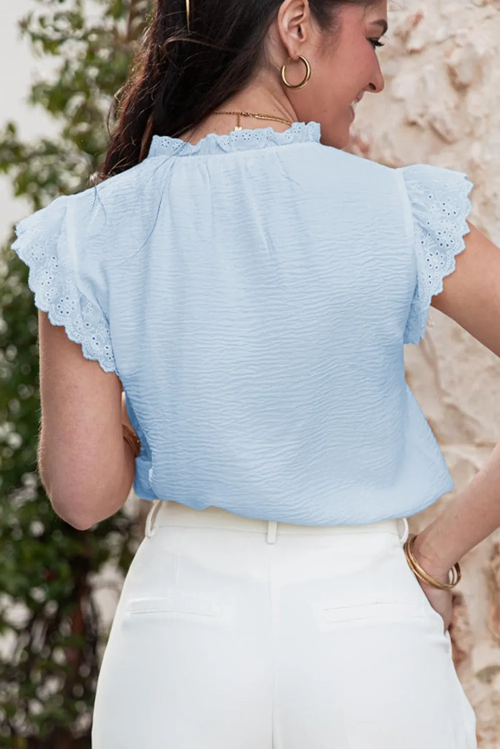 Mist Blue Embroidered Ruffle Trim Textured Blouse
