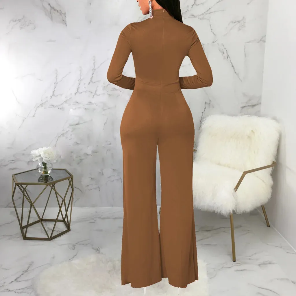 Mock Neck Long Sleeve Waist Drape Jumpsuit