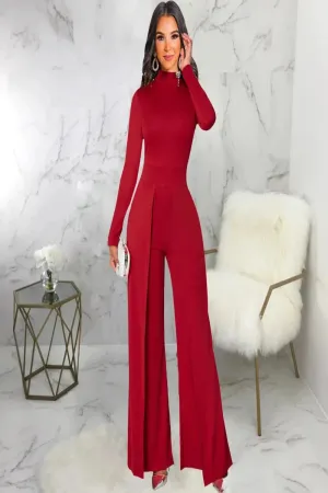 Mock Neck Long Sleeve Waist Drape Jumpsuit
