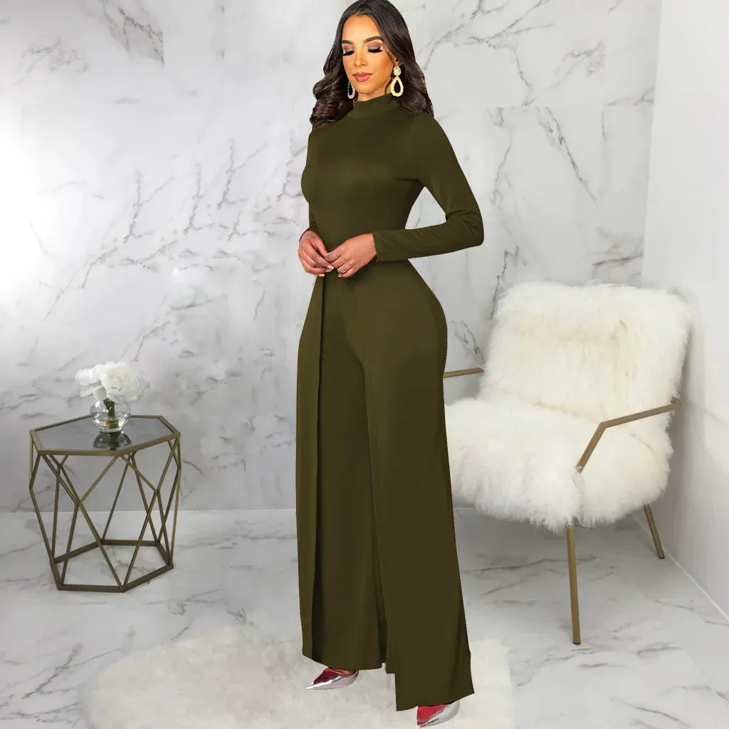 Mock Neck Long Sleeve Waist Drape Jumpsuit