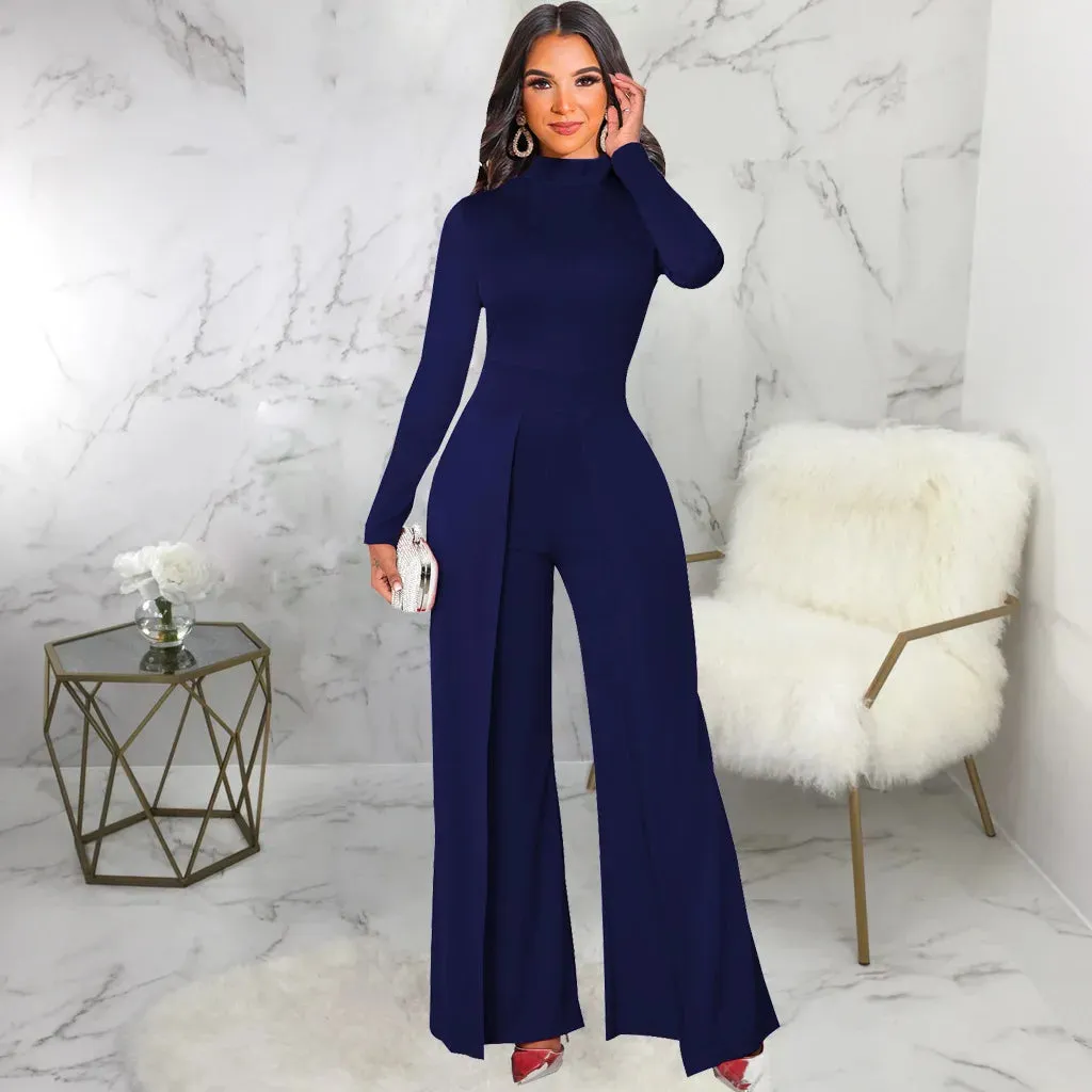 Mock Neck Long Sleeve Waist Drape Jumpsuit
