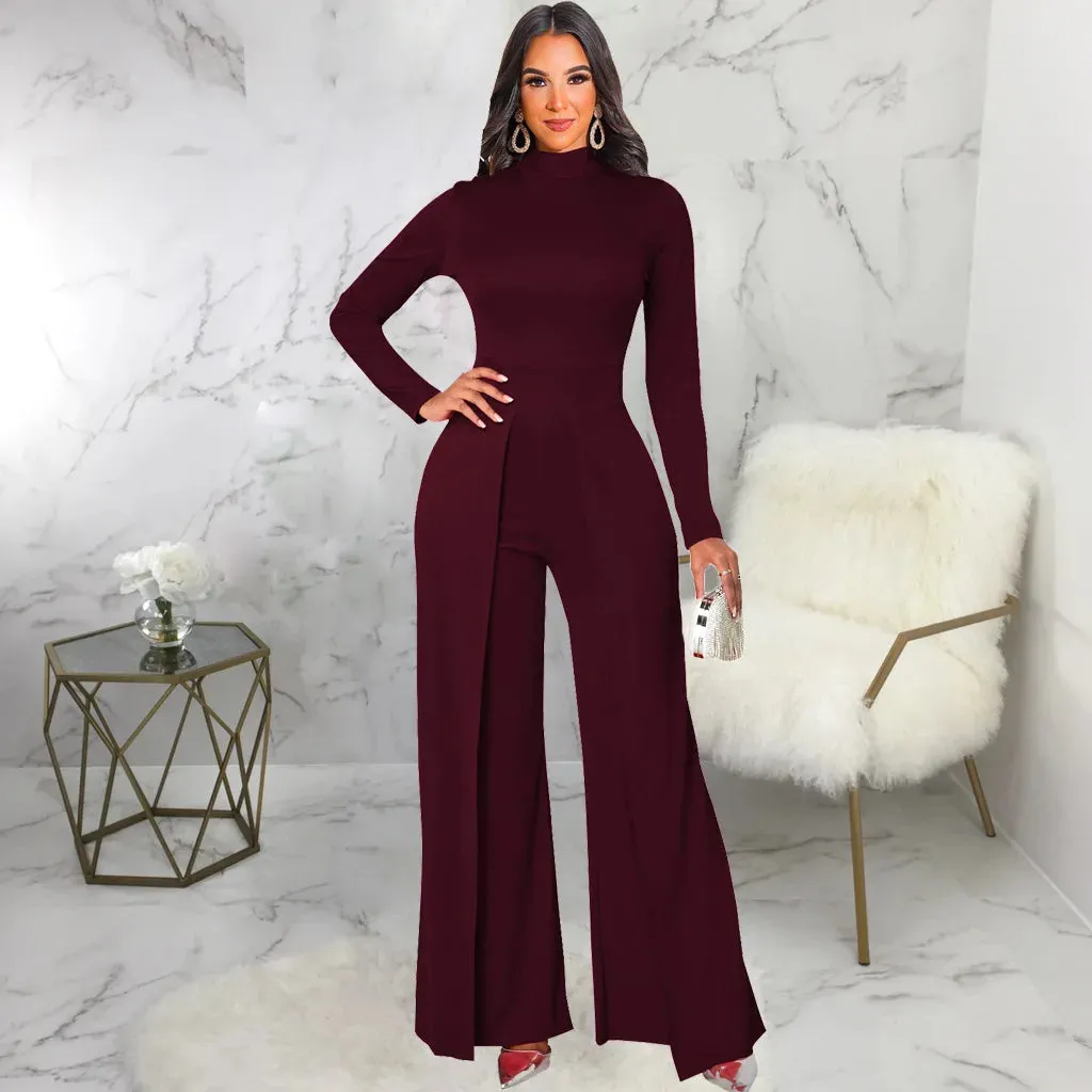 Mock Neck Long Sleeve Waist Drape Jumpsuit