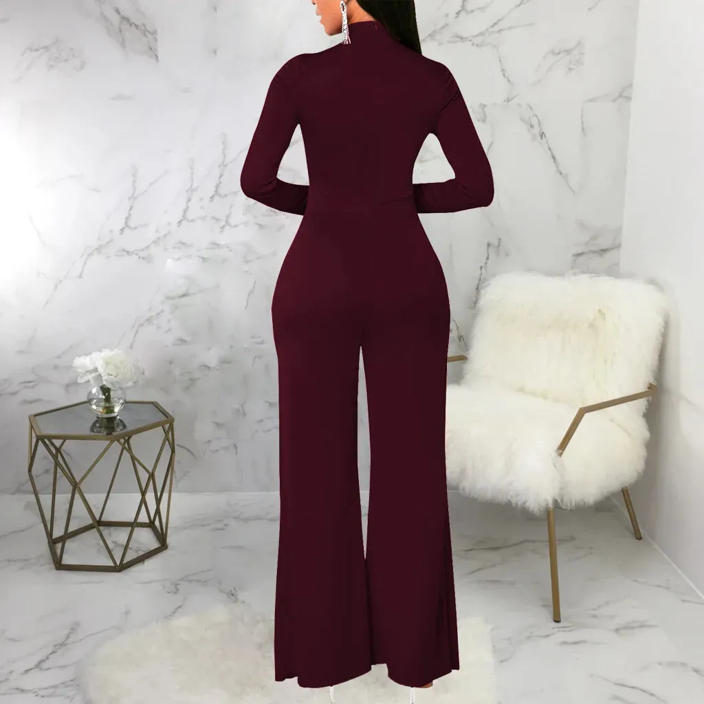 Mock Neck Long Sleeve Waist Drape Jumpsuit