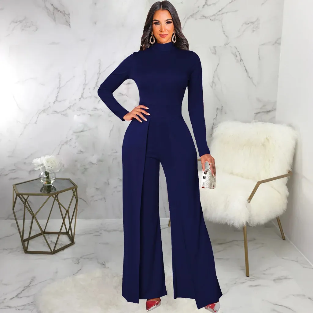 Mock Neck Long Sleeve Waist Drape Jumpsuit