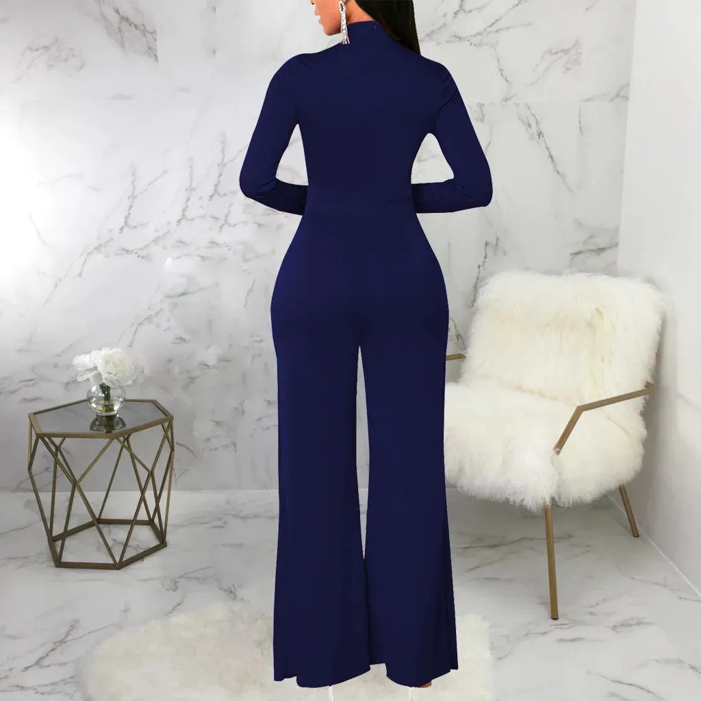 Mock Neck Long Sleeve Waist Drape Jumpsuit