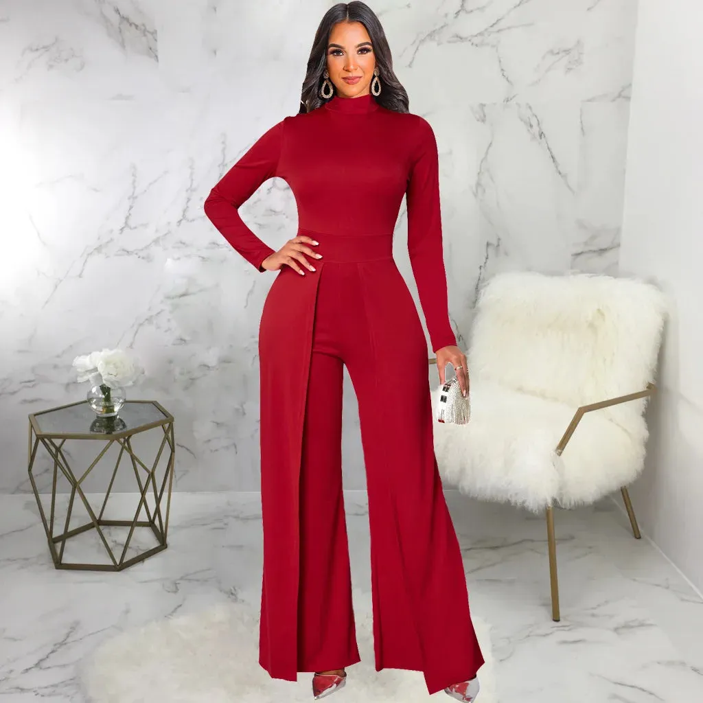 Mock Neck Long Sleeve Waist Drape Jumpsuit