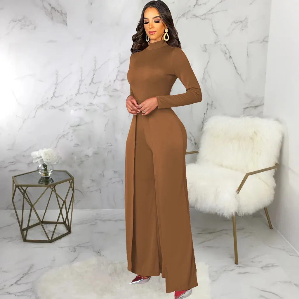 Mock Neck Long Sleeve Waist Drape Jumpsuit
