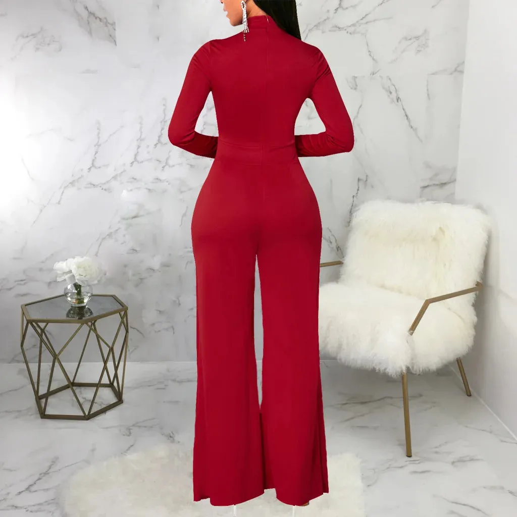 Mock Neck Long Sleeve Waist Drape Jumpsuit