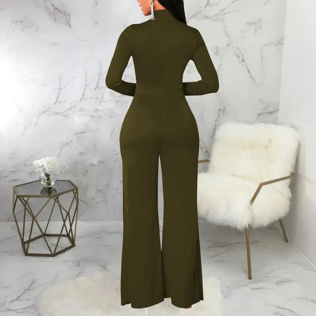 Mock Neck Long Sleeve Waist Drape Jumpsuit