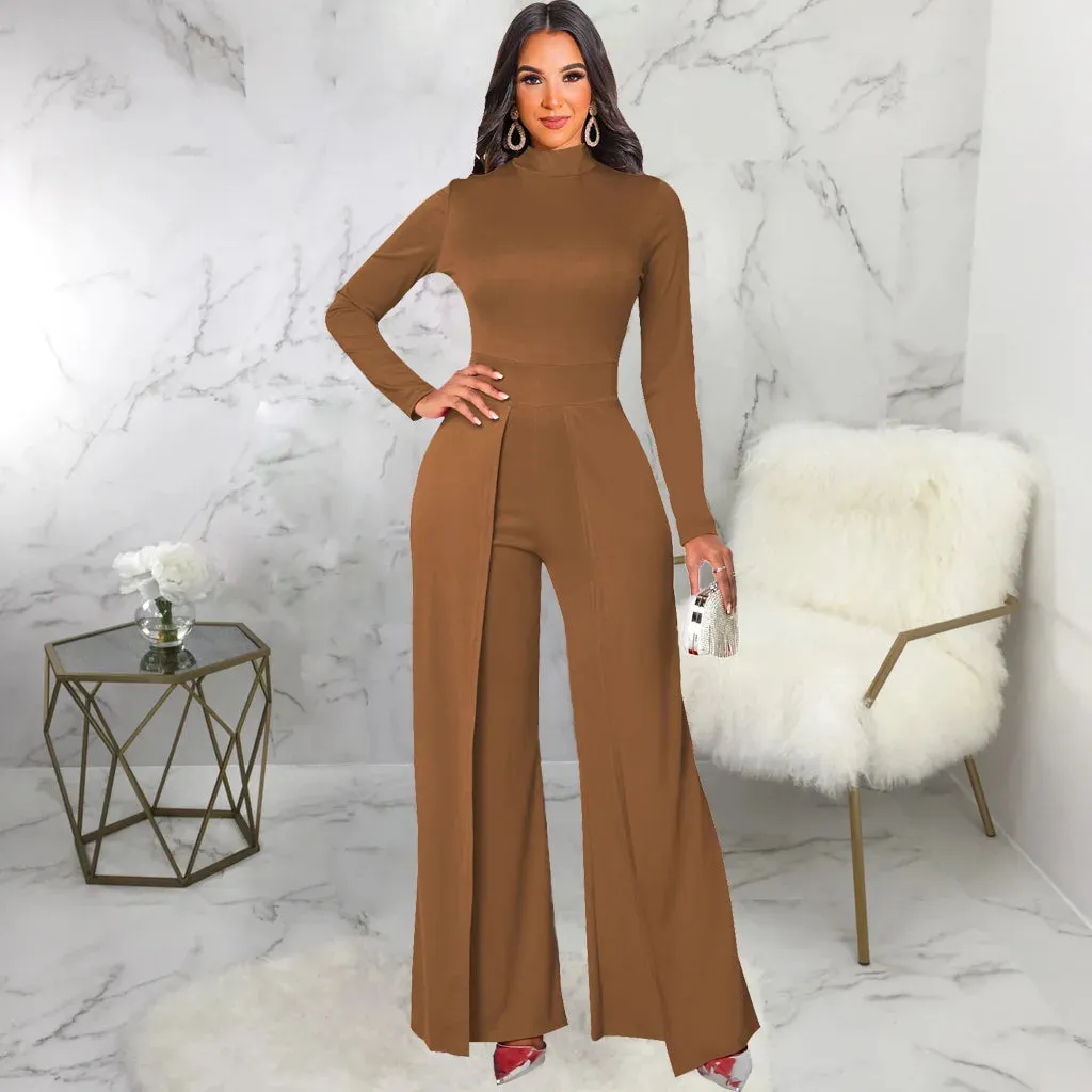 Mock Neck Long Sleeve Waist Drape Jumpsuit