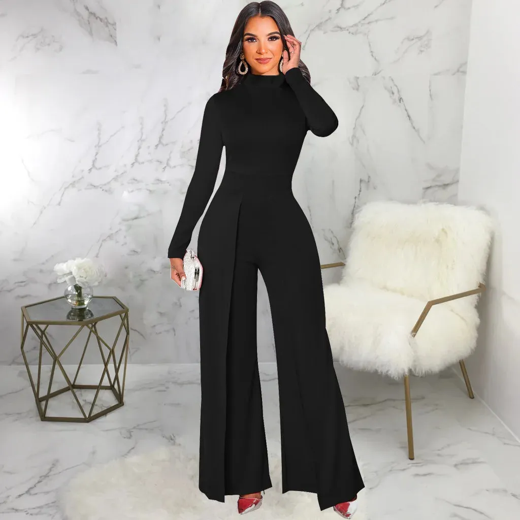 Mock Neck Long Sleeve Waist Drape Jumpsuit