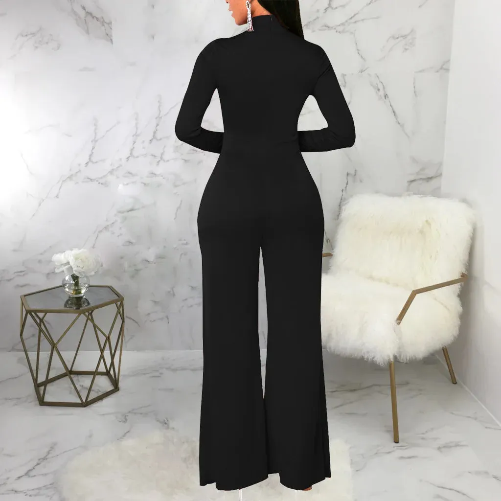 Mock Neck Long Sleeve Waist Drape Jumpsuit