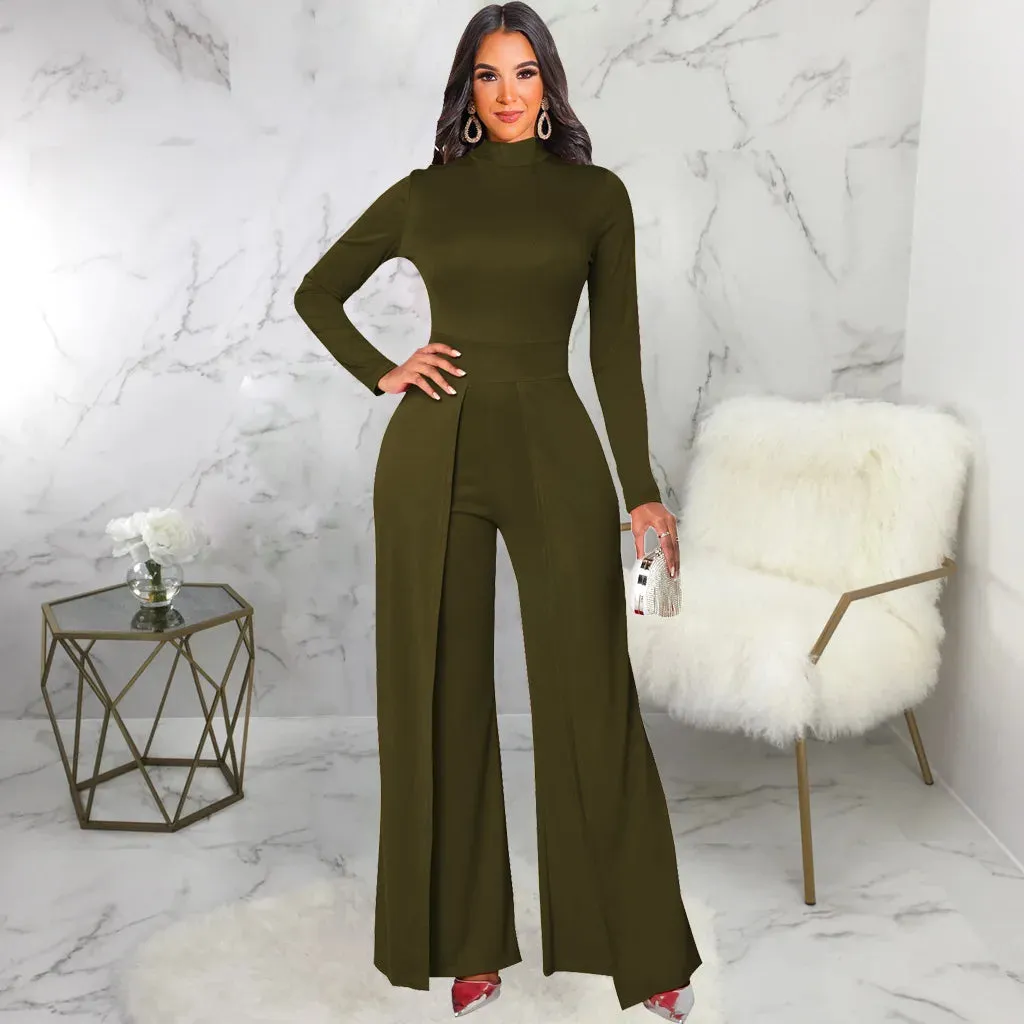 Mock Neck Long Sleeve Waist Drape Jumpsuit