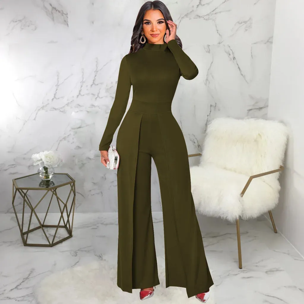 Mock Neck Long Sleeve Waist Drape Jumpsuit