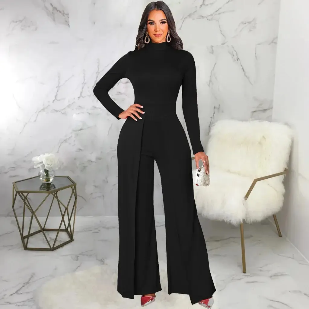 Mock Neck Long Sleeve Waist Drape Jumpsuit
