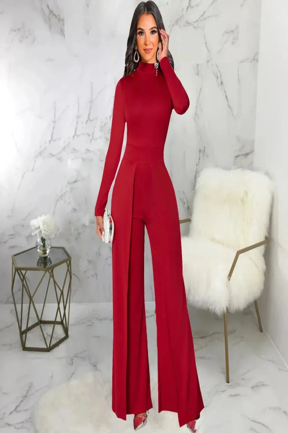 Mock Neck Long Sleeve Waist Drape Jumpsuit
