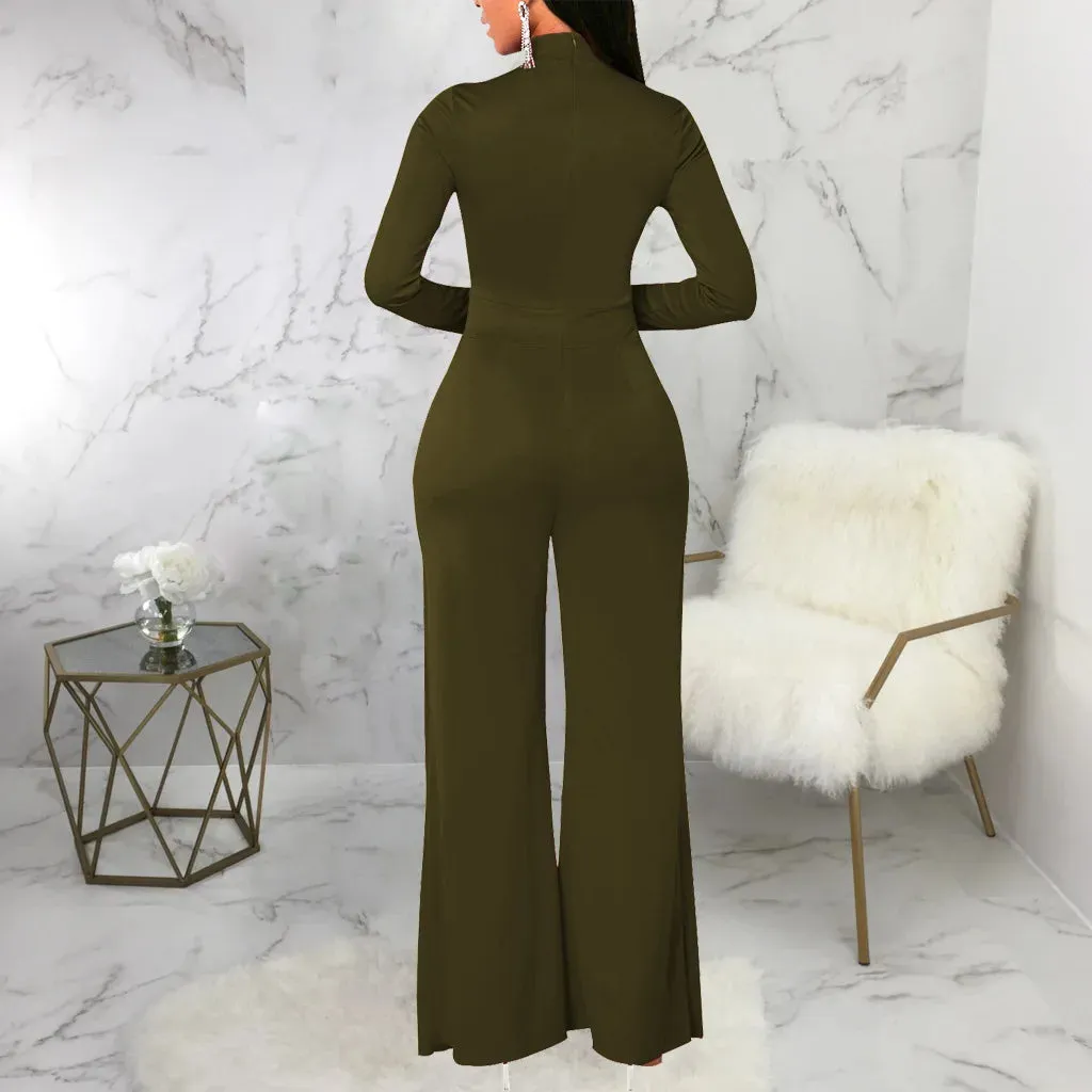 Mock Neck Long Sleeve Waist Drape Jumpsuit