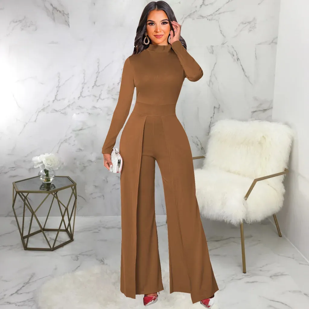 Mock Neck Long Sleeve Waist Drape Jumpsuit