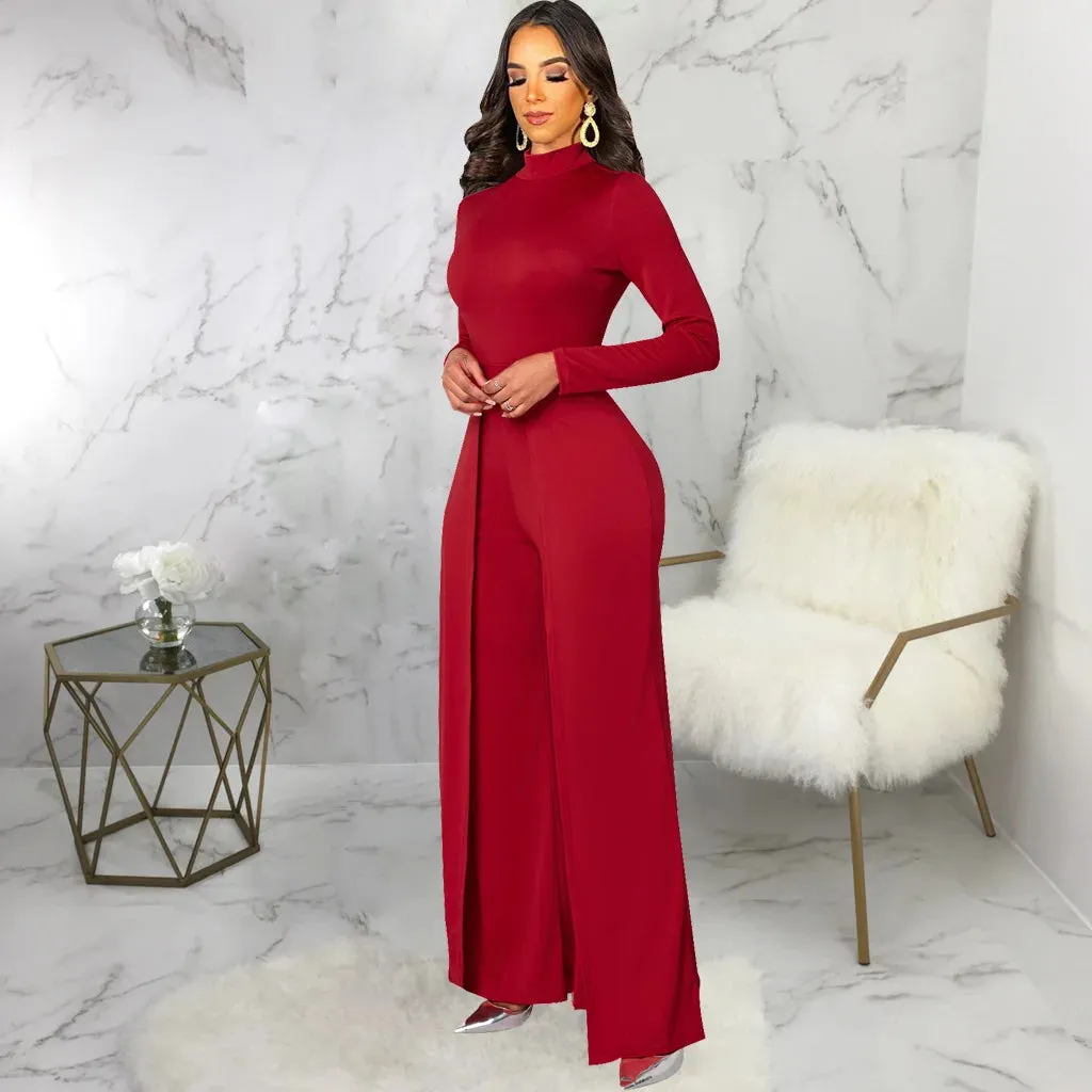 Mock Neck Long Sleeve Waist Drape Jumpsuit