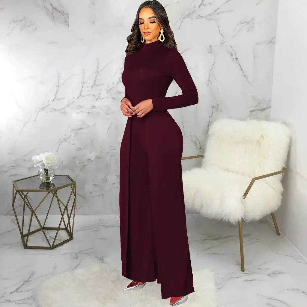 Mock Neck Long Sleeve Waist Drape Jumpsuit