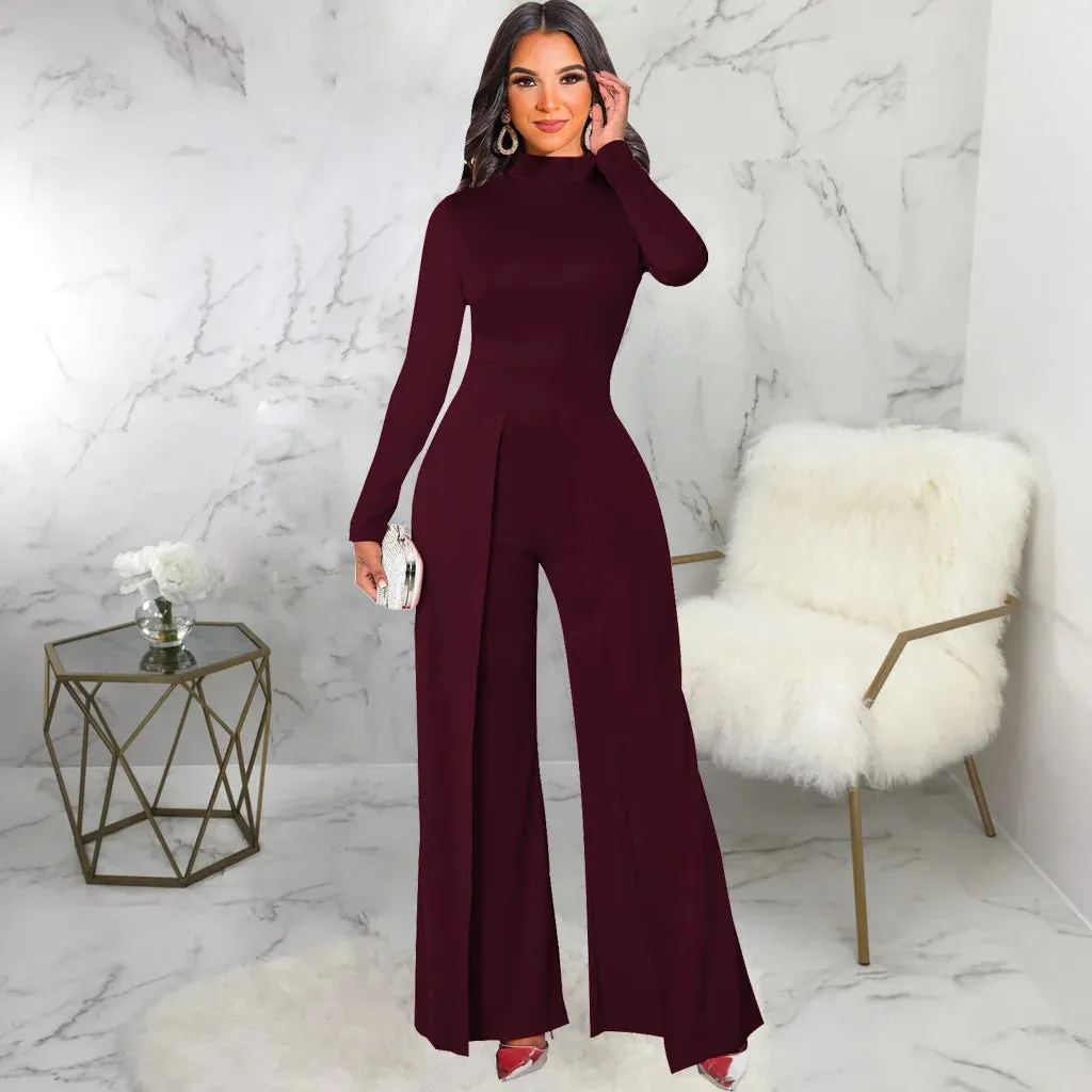 Mock Neck Long Sleeve Waist Drape Jumpsuit