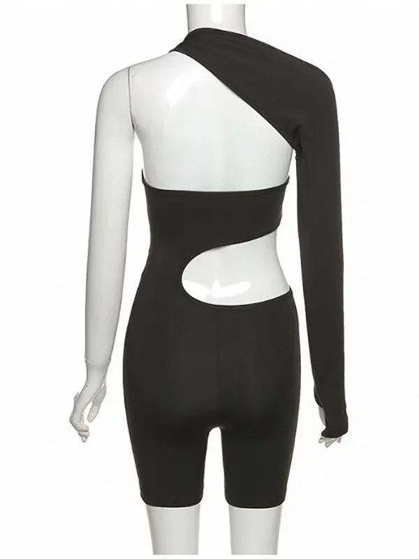 Momnfancy Black Irregular Cut Out One Shoulder Shports Yoga Pregnancy Fashion Maternity Short Jumpsuit