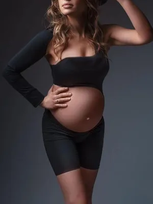 Momnfancy Black Irregular Cut Out One Shoulder Shports Yoga Pregnancy Fashion Maternity Short Jumpsuit