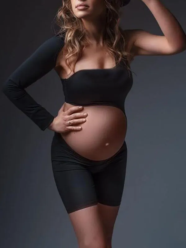 Momnfancy Black Irregular Cut Out One Shoulder Shports Yoga Pregnancy Fashion Maternity Short Jumpsuit