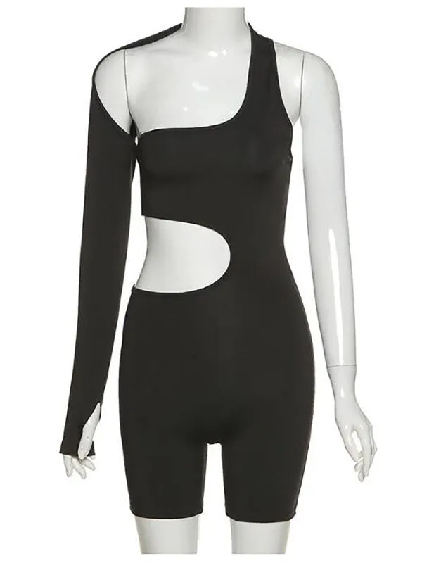 Momnfancy Black Irregular Cut Out One Shoulder Shports Yoga Pregnancy Fashion Maternity Short Jumpsuit