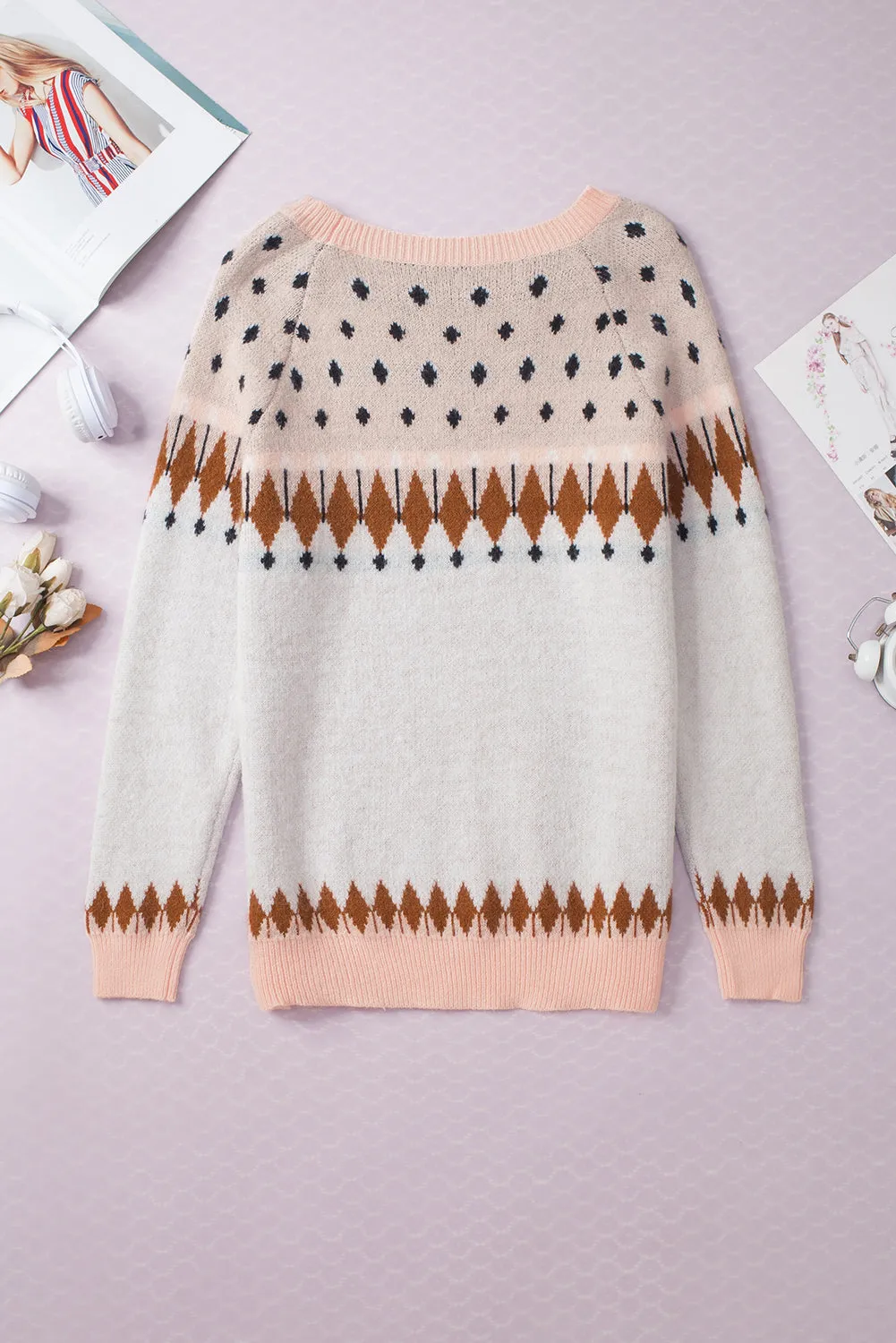 Multicolor Mixed Geometric Detail Raglan Sleeve Sweater