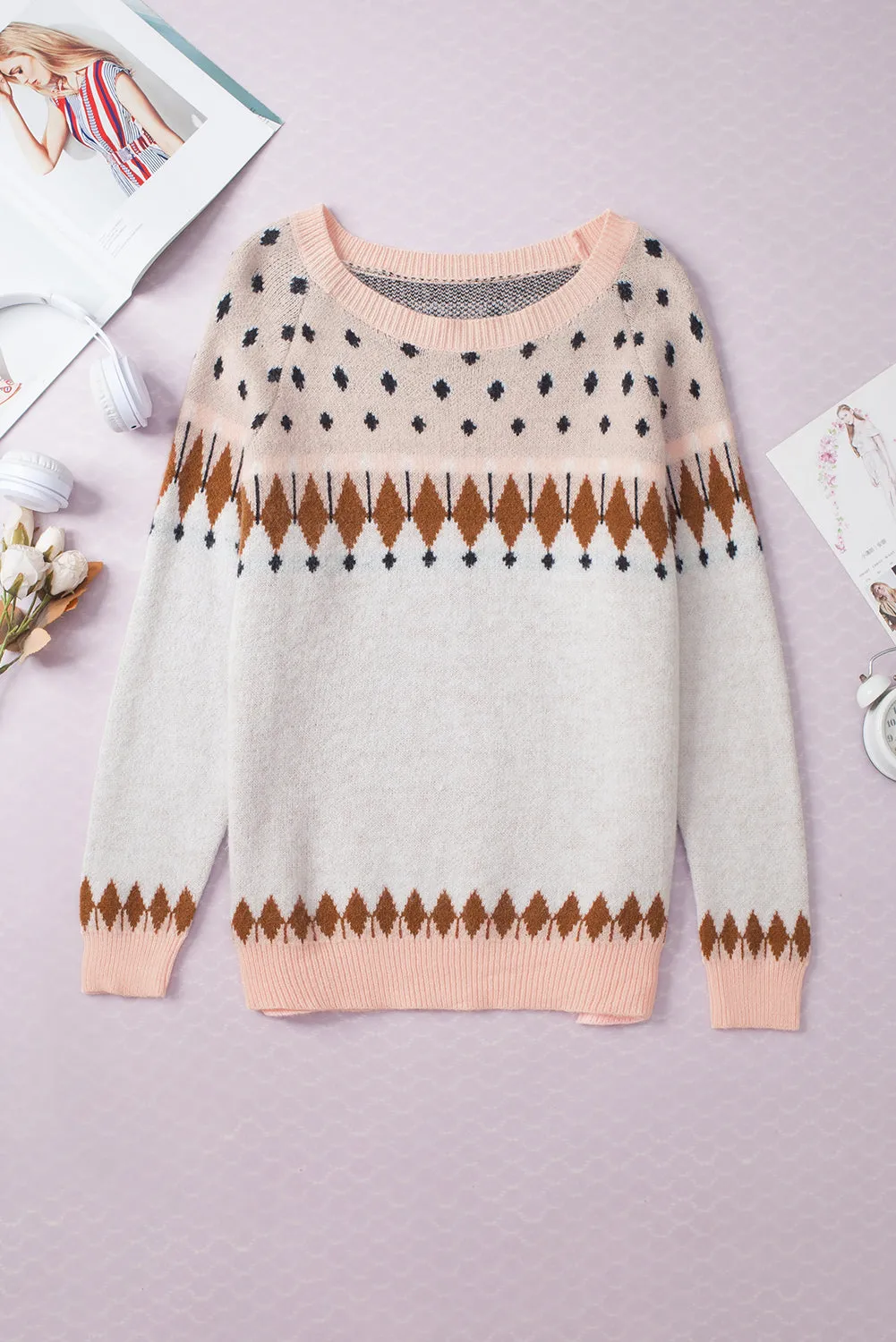 Multicolor Mixed Geometric Detail Raglan Sleeve Sweater