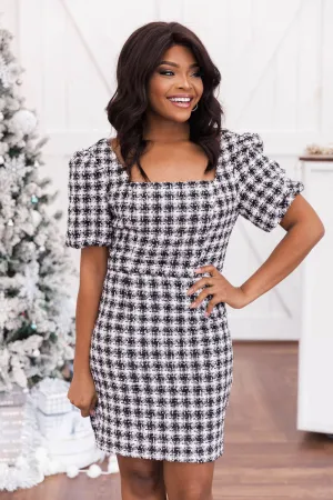 Mysterious Night Puff Sleeve Black Tweed Dress FINAL SALE