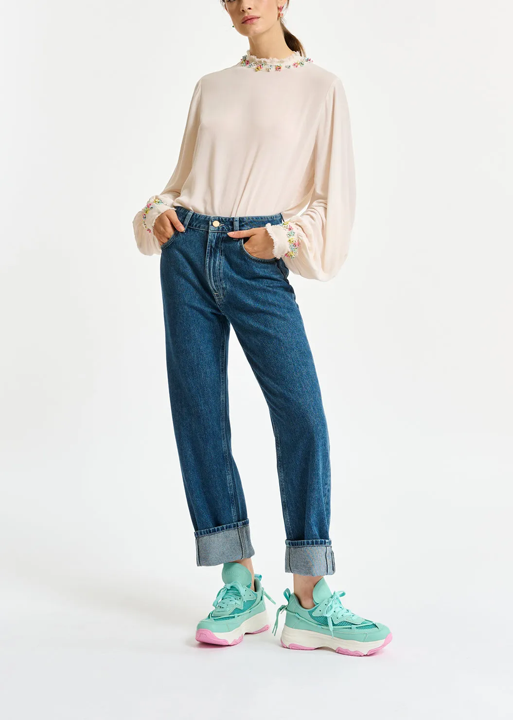 Off-white high neck top with bead embellishments