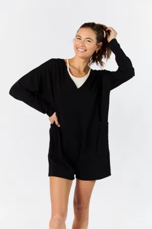 On A Daily Basis Black Deep V-Neck Pocketed Long Sleeve Romper FINAL SALE