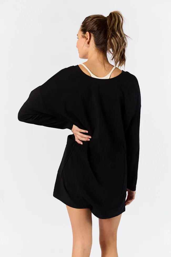 On A Daily Basis Black Deep V-Neck Pocketed Long Sleeve Romper FINAL SALE