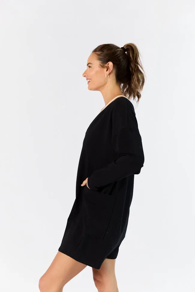 On A Daily Basis Black Deep V-Neck Pocketed Long Sleeve Romper FINAL SALE