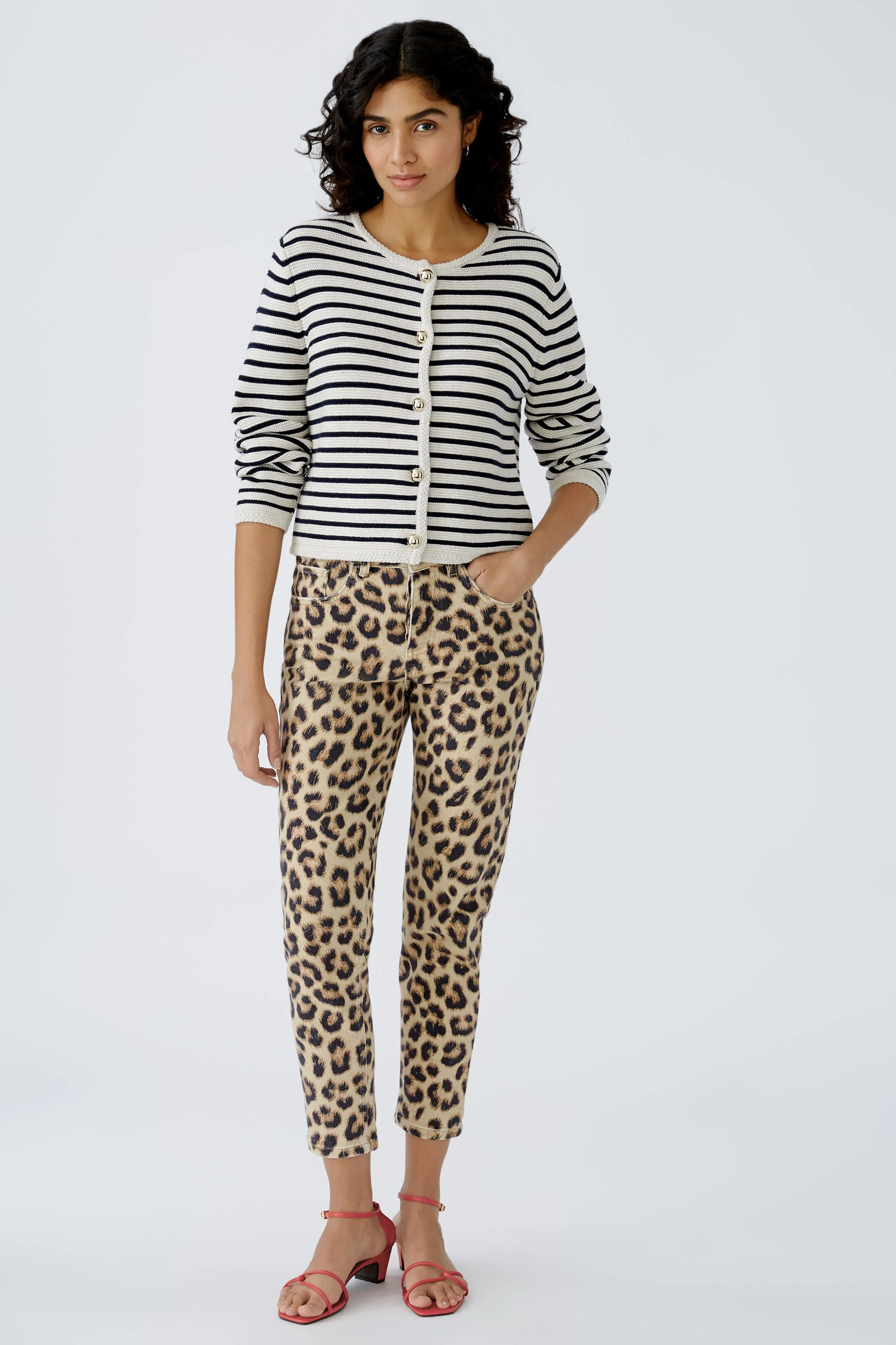 Oui Navy/Cream Striped Jersey Cardigan
