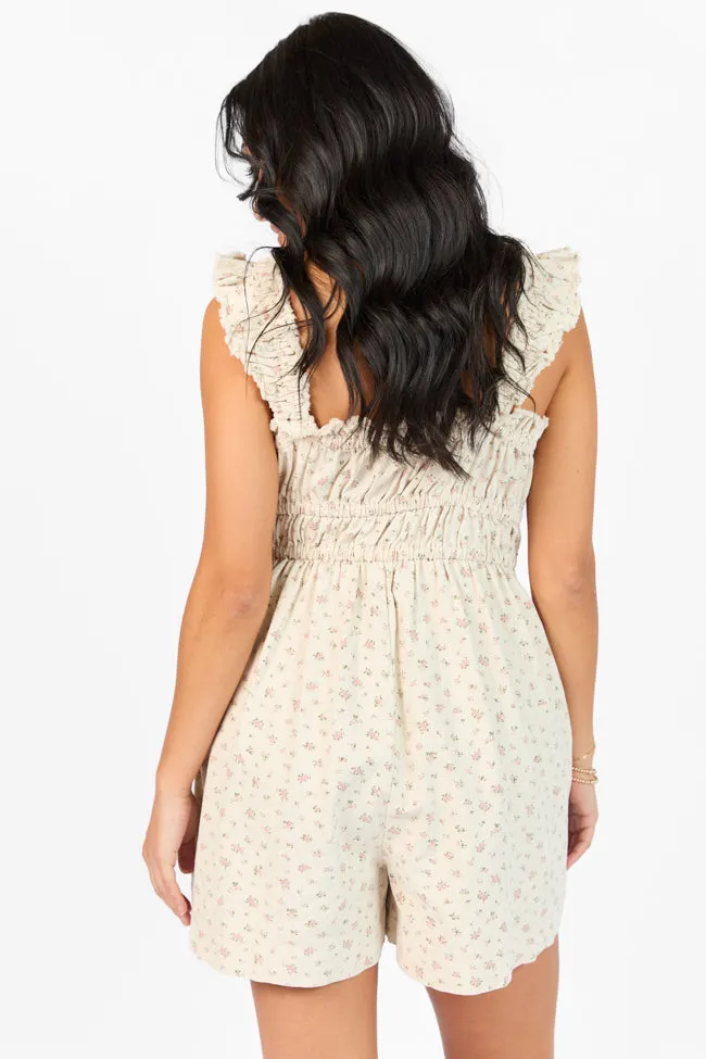 Out West Beige Printed Denim Romper Dress