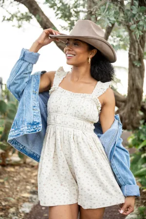 Out West Beige Printed Denim Romper Dress
