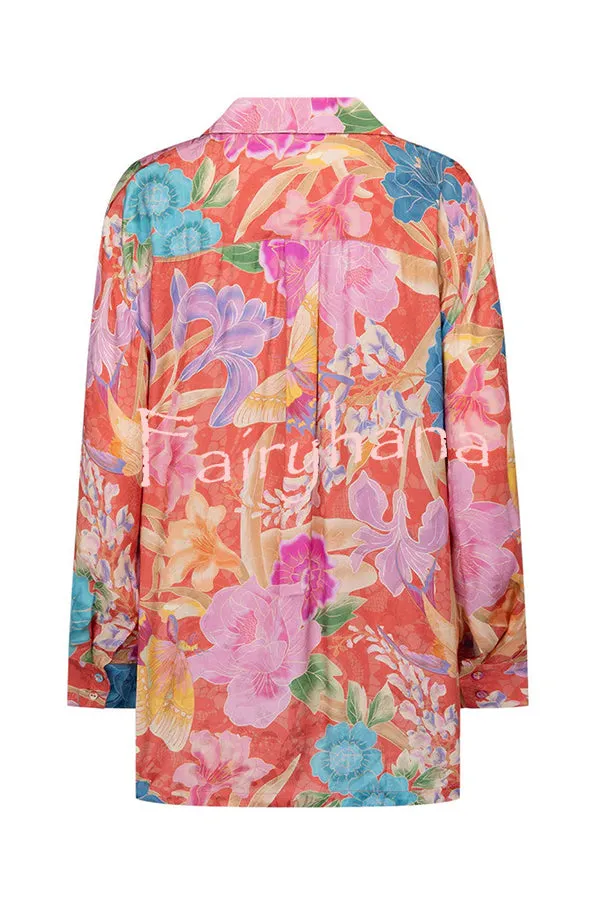 Painter's Garden Boho Floral Print Button Long Sleeve Relaxed Blouse