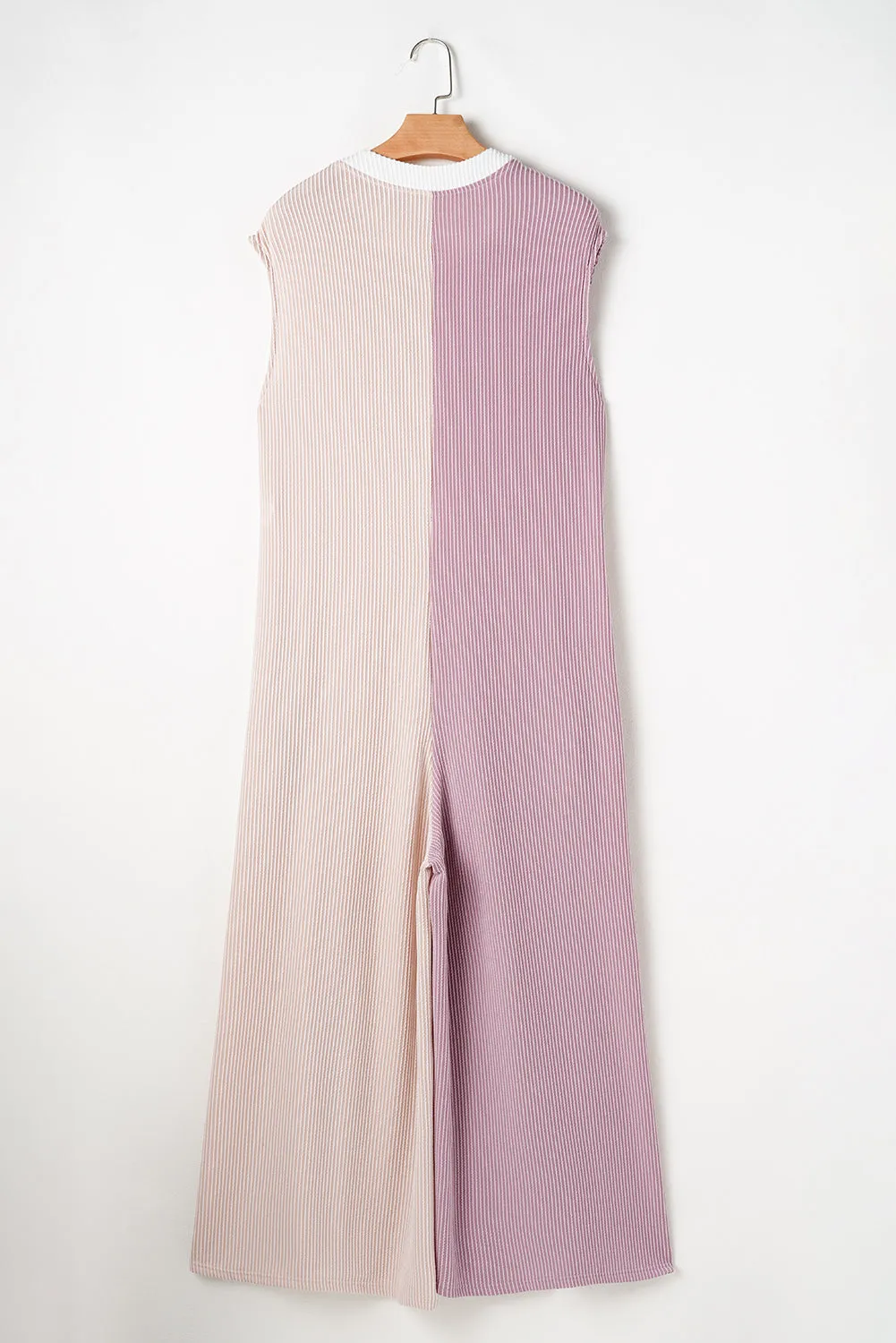 Parchment Color Block Corded Knit Buttoned Super Wide Leg Jumpsuit